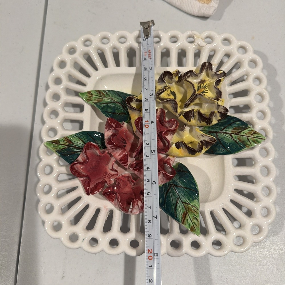 Vtg MCM Hand Painted 3D Floral Flower Porcelain Wall‎ Decor. Made In Japan - Picture 9 of 11